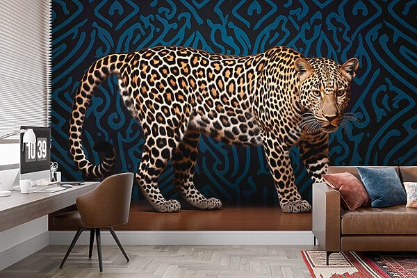 Leopard stojící na dřevěné podlaze Leopard stojící na dřevěné podlaze