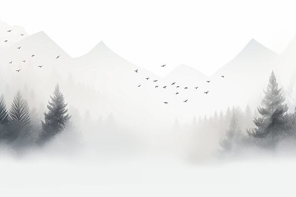 Ptáci letící nad mlžným lesem Ptáci letící nad mlžným lesem
