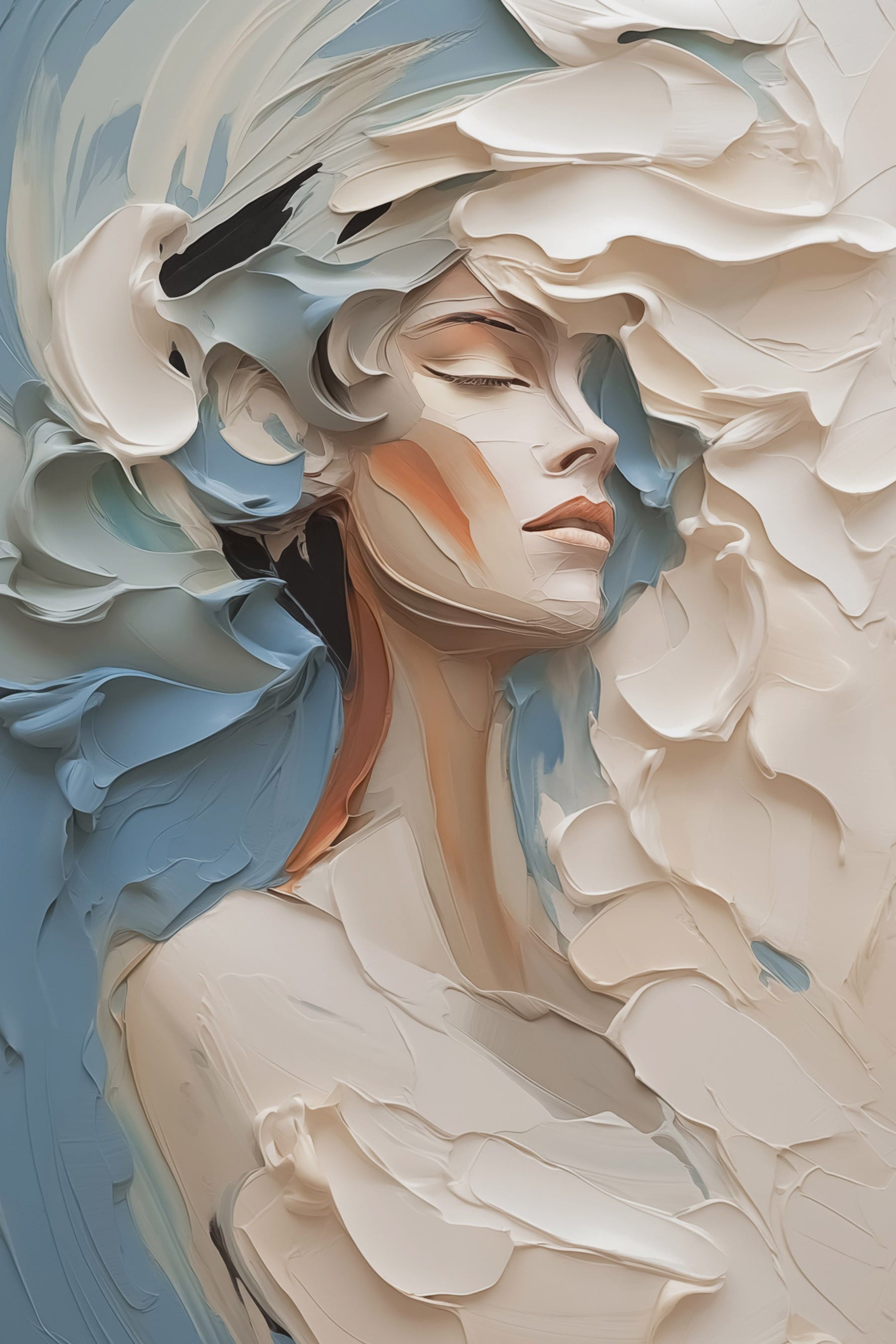 Painting of a woman with white and blue paint Painting of a woman with white and blue paint