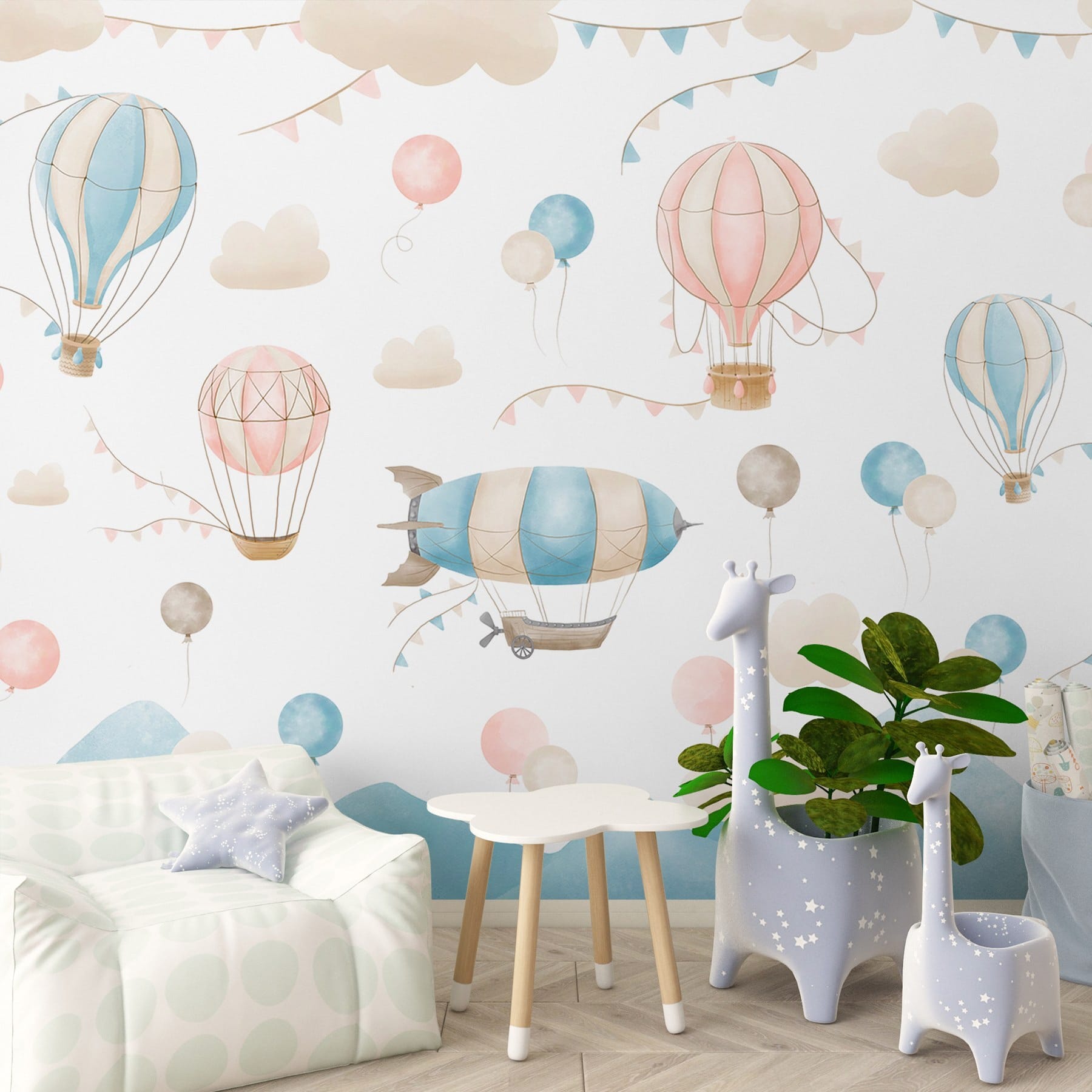 Group of hot air balloons and flags