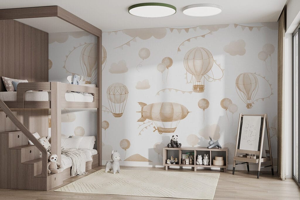 Group of hot air balloons and mountains