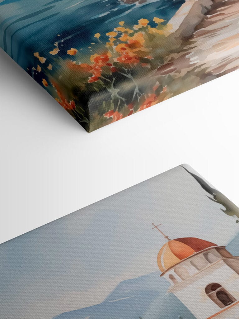 Watercolor painting of a building on a cliff by a body of water