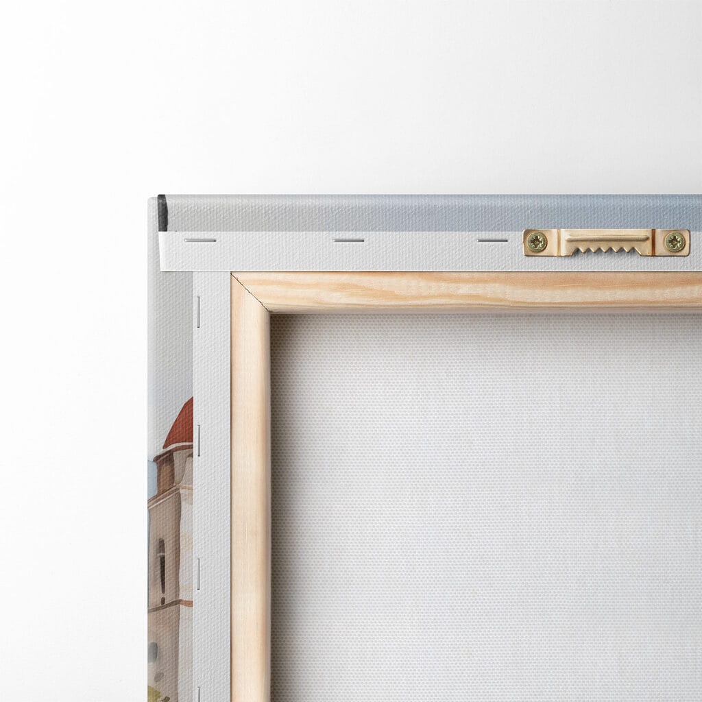 Watercolor painting of a building on a cliff by a body of water