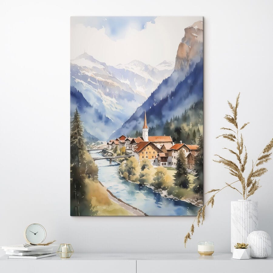 Akvarelová malba vesnice v horách Akvarelová malba vesnice v horách