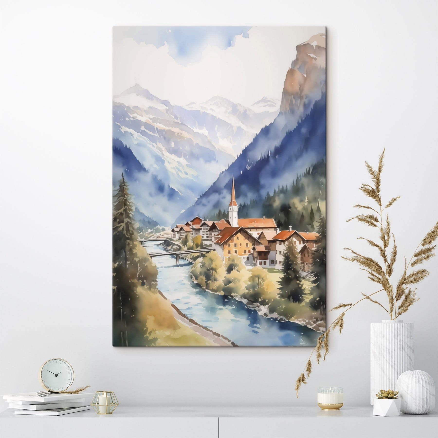 Watercolor painting of a village in the mountains