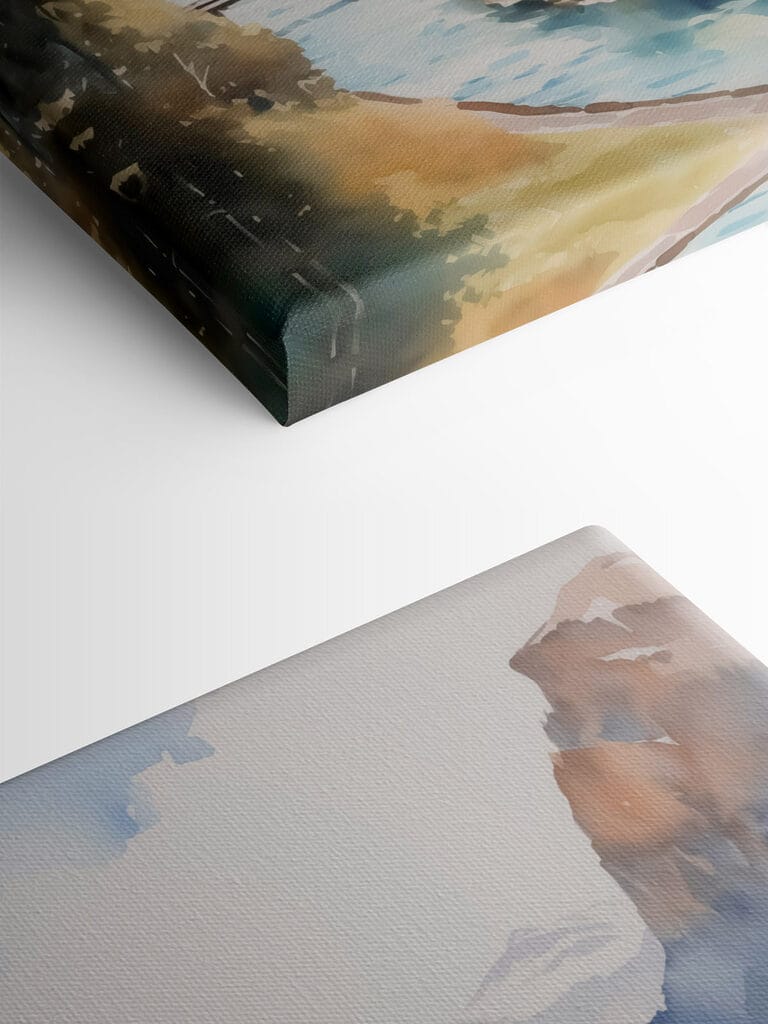 Watercolor painting of a village in the mountains