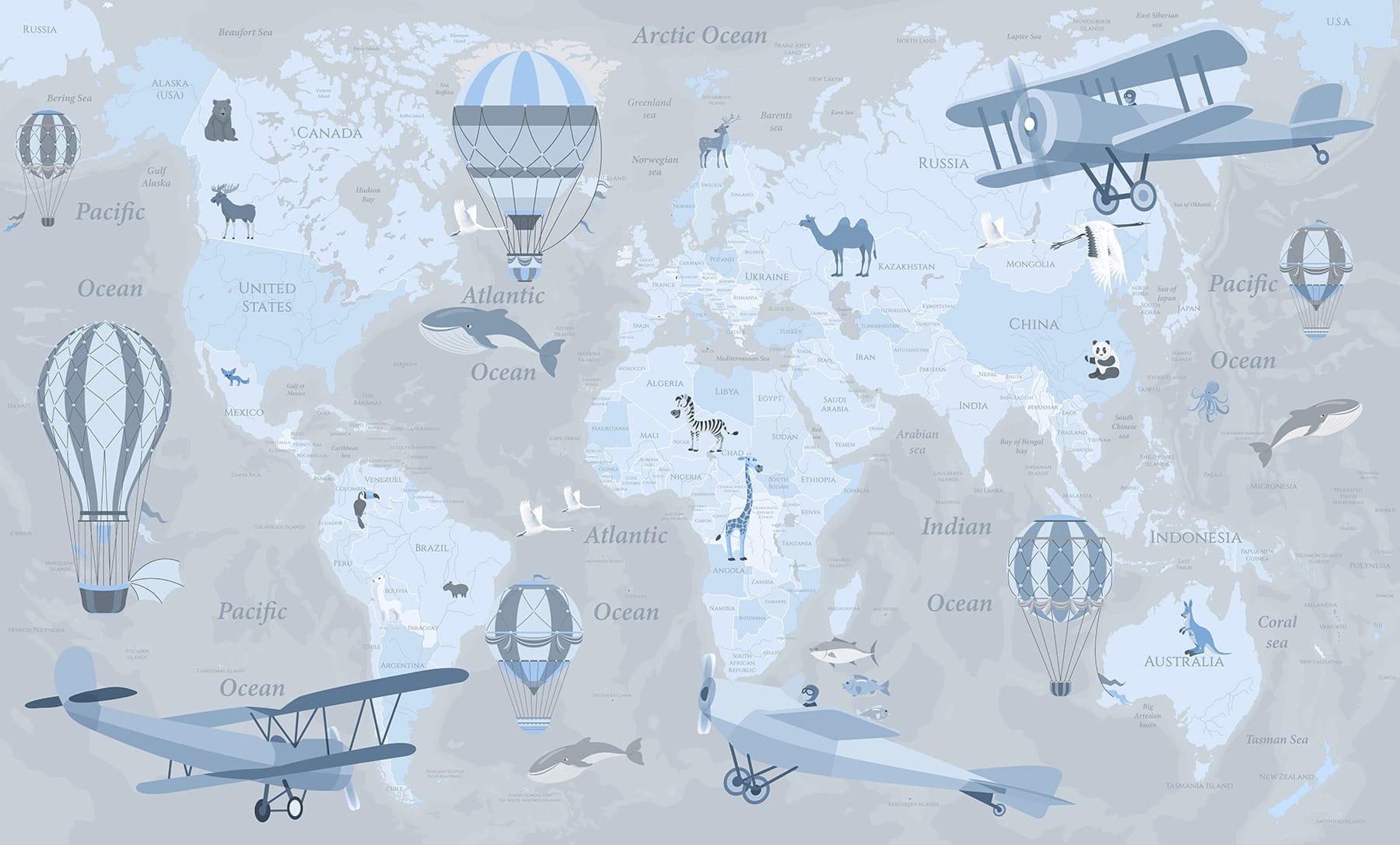 Map of the world with different types of airplanes and animals
