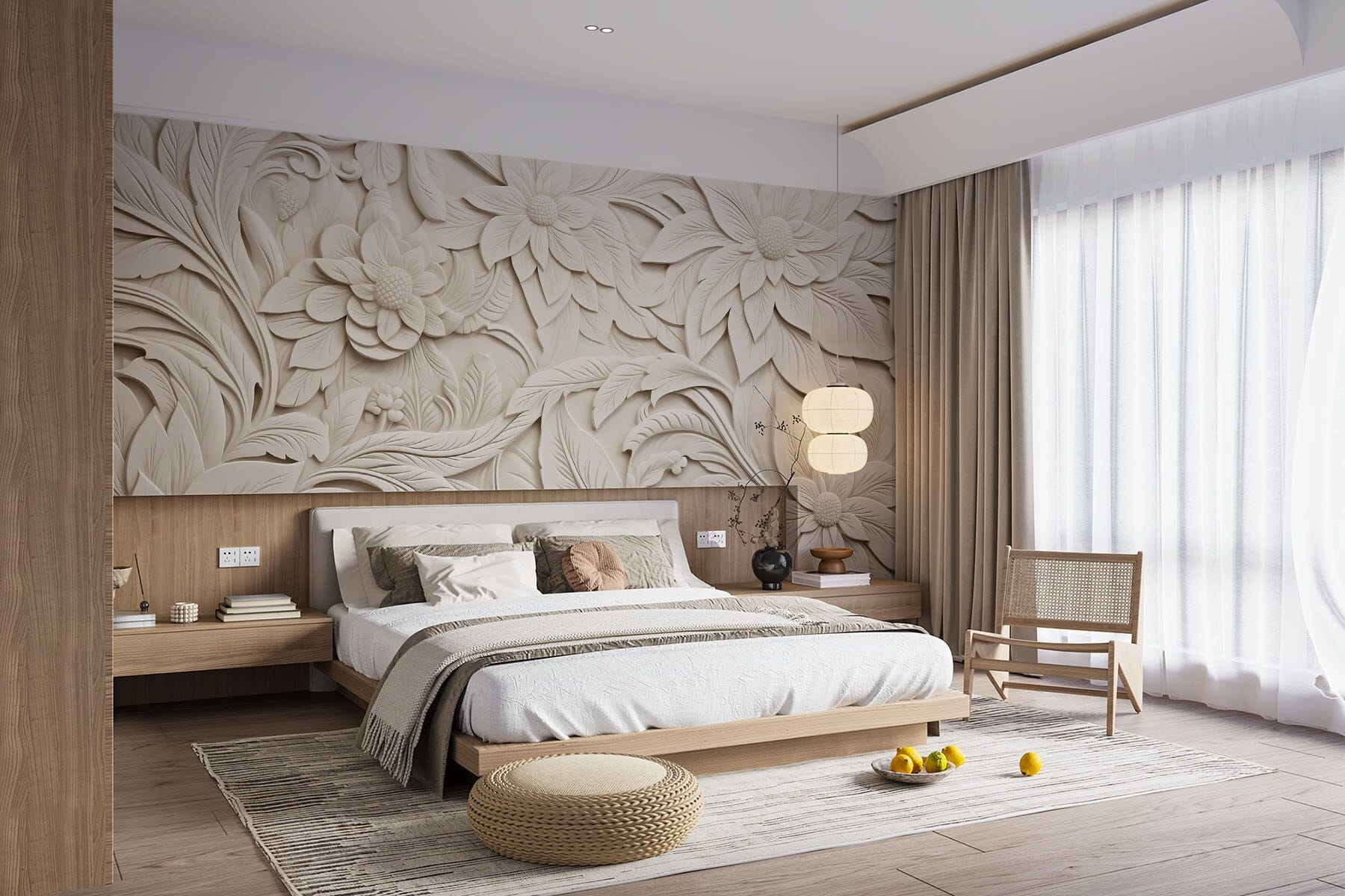 White wall with flowers and leaves