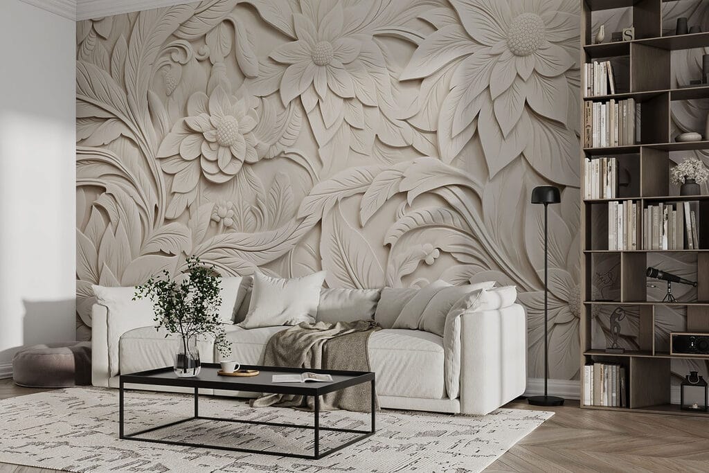 White wall with flowers and leaves