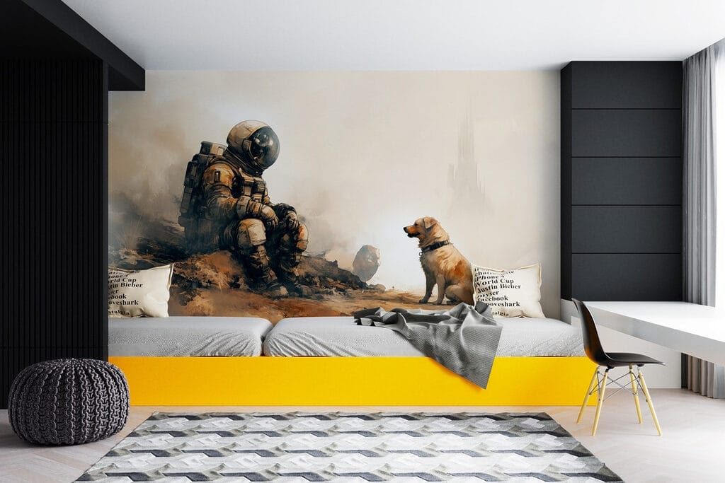 An astronaut sitting on a rock looking at a dog