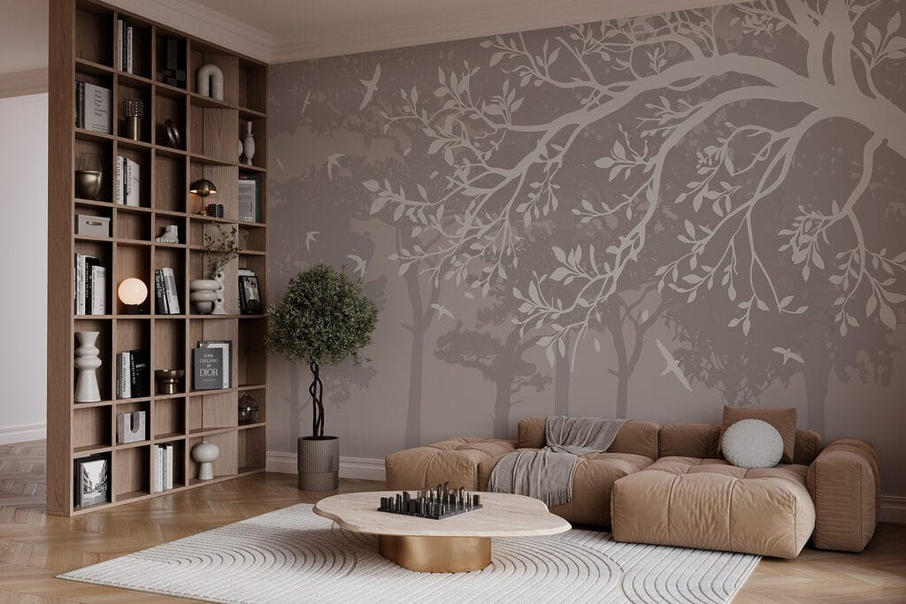 Group of trees with birds flying