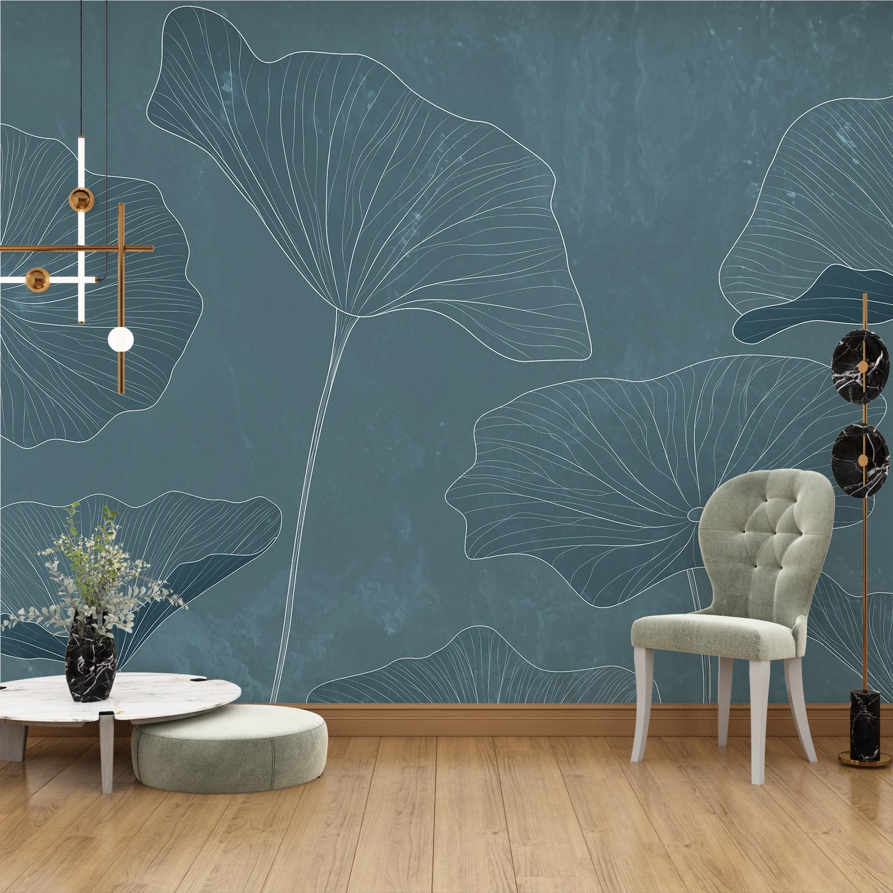 Drawing of leaves on a blue background