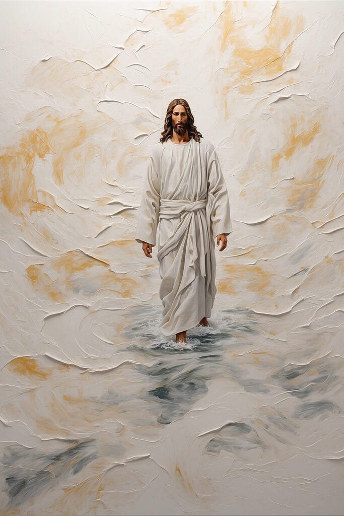 Painting of a man in a robe standing in water