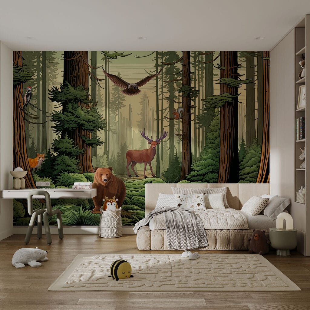 Forest with animals and birds