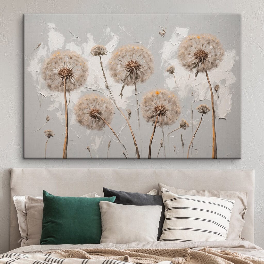 Painting of dandelions on a white background