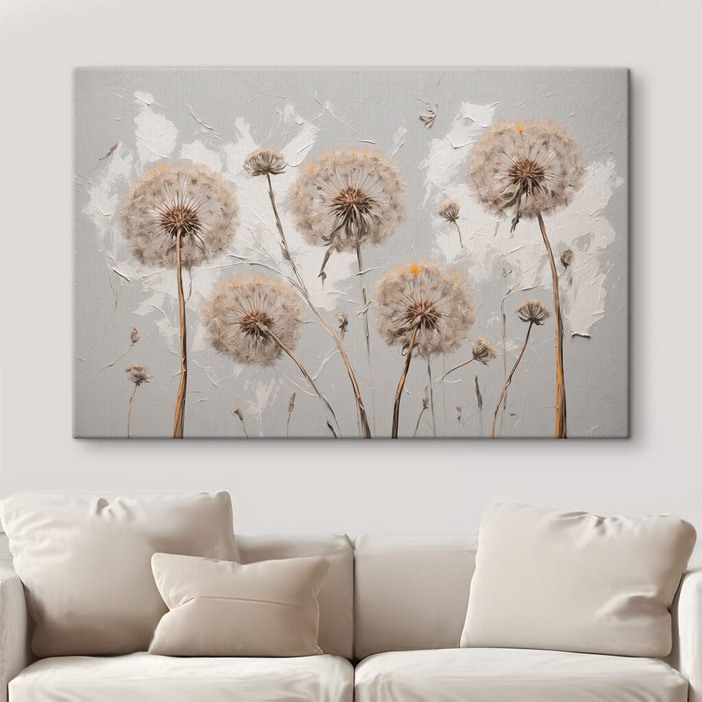 Painting of dandelions on a white background