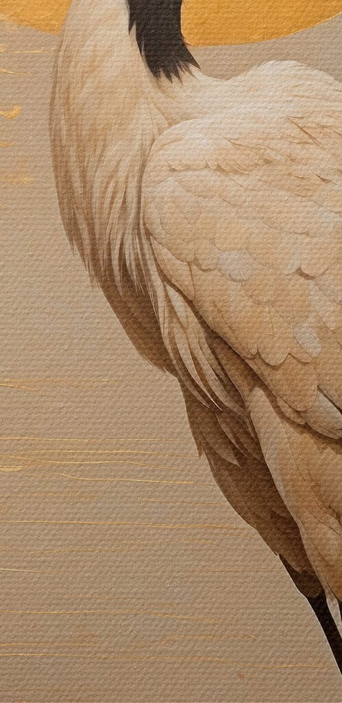 Elegant crane beneath a large sun