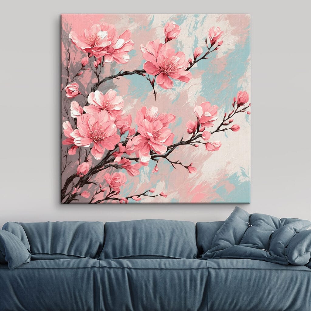 Painting of pink flowers on a branch