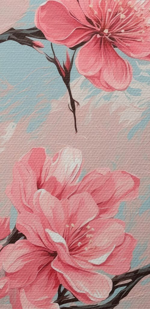 Painting of pink flowers on a branch