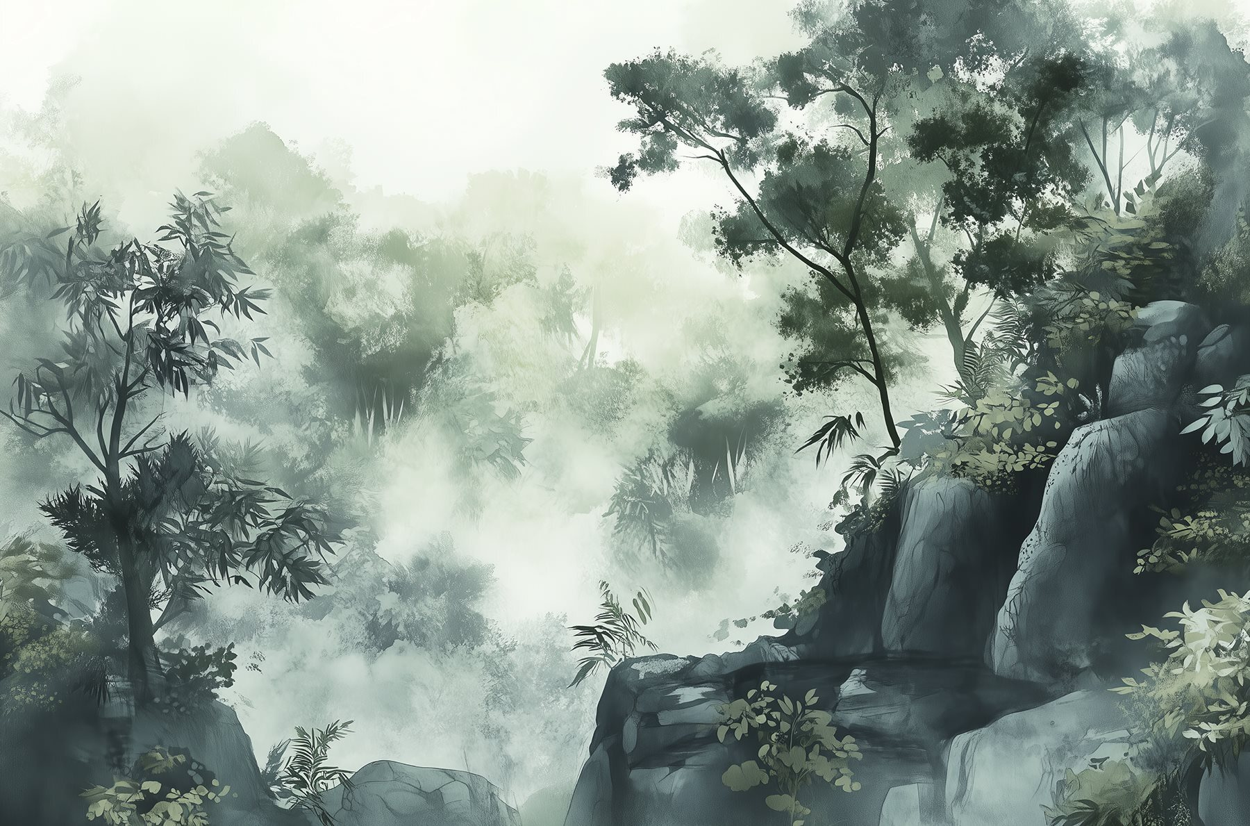 Foggy forest with trees and rocks