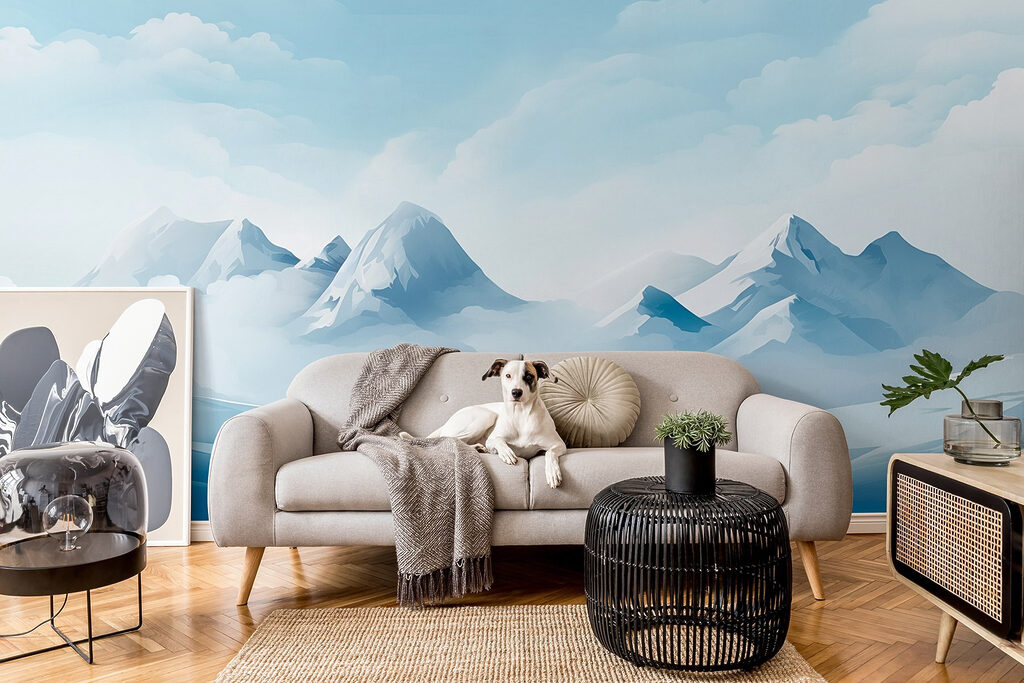 Snowy mountain range with clouds