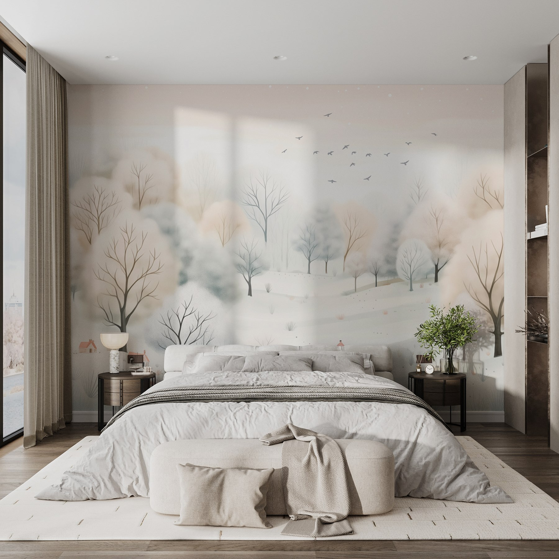 Snowy landscape with trees and birds