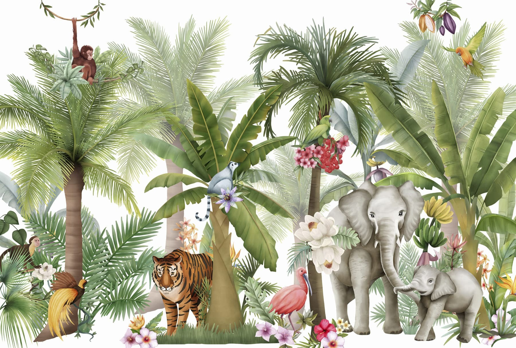 Wallpaper with animals and birds in the jungle
