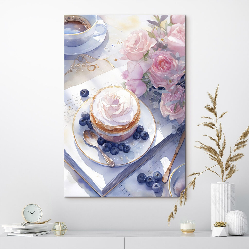 Watercolor painting of a dessert with a rose on top of a plate with blueberries and a spoon