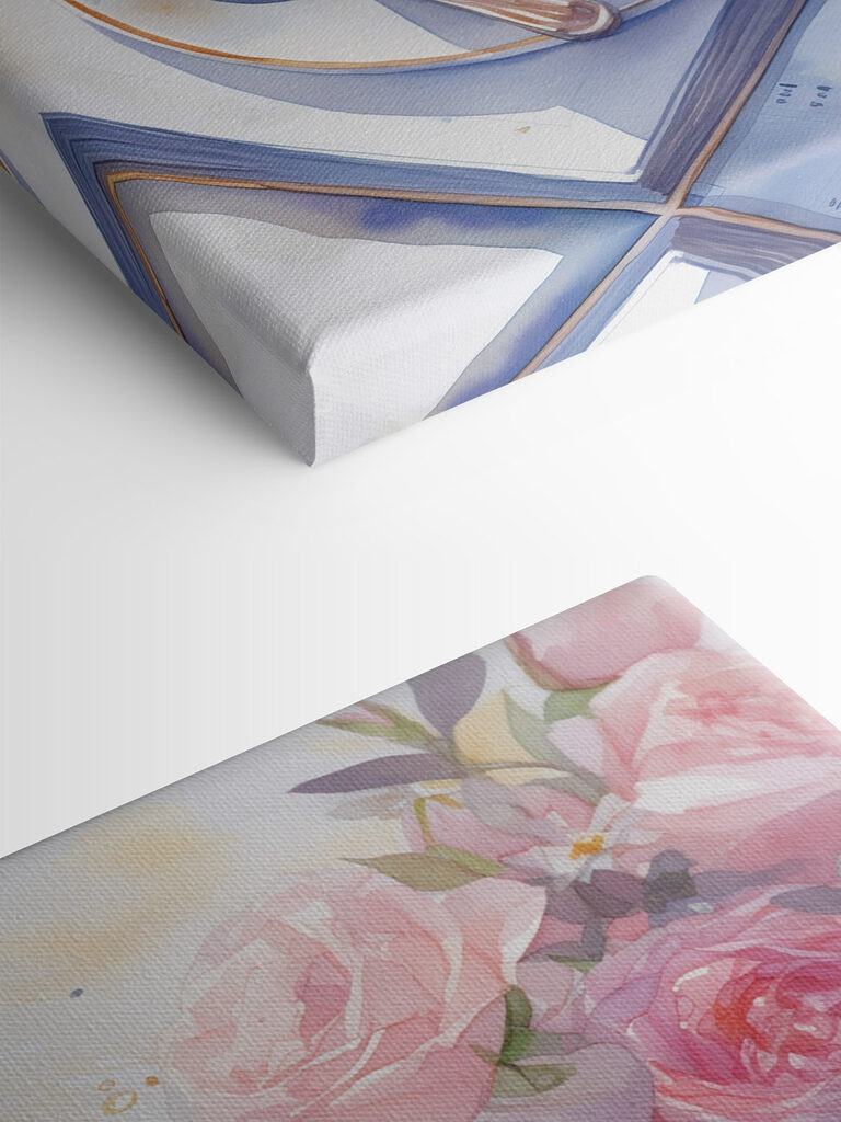 Watercolor painting of a dessert with a rose on top of a plate with blueberries and a spoon