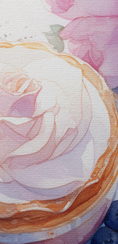 Watercolor painting of a dessert with a rose on top of a plate with blueberries and a spoon