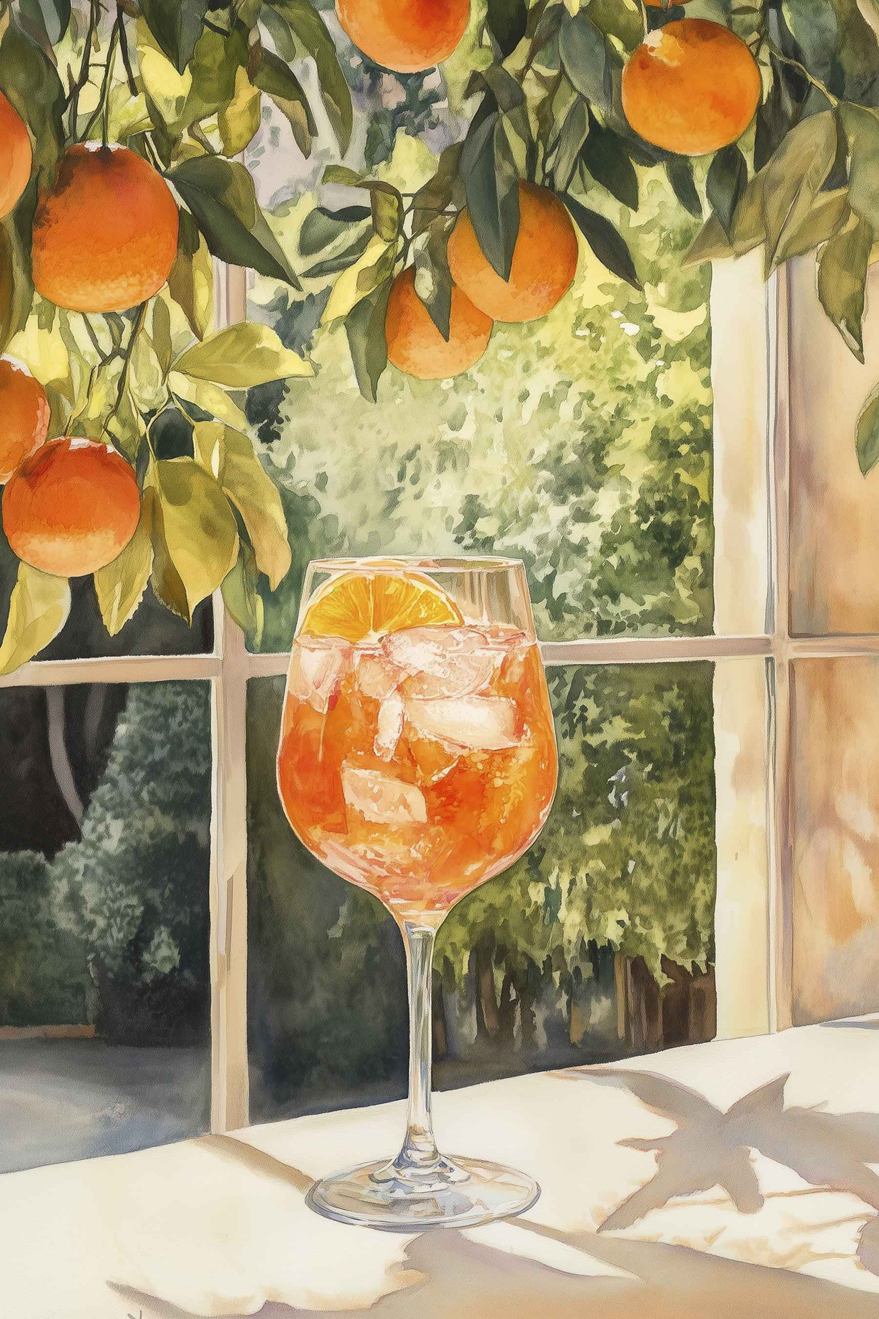 Glass of orange juice with ice and oranges from a window