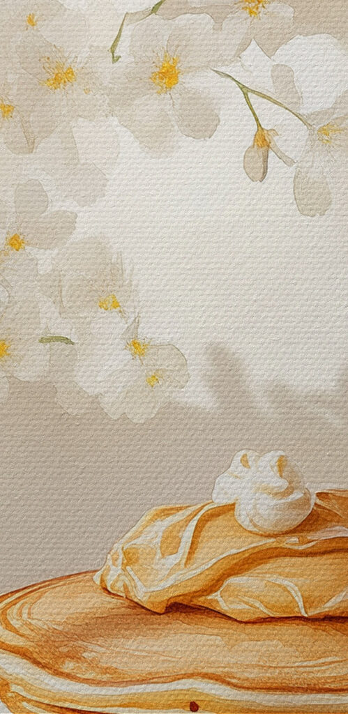 Stack of pancakes on a plate next to a vase of flowers