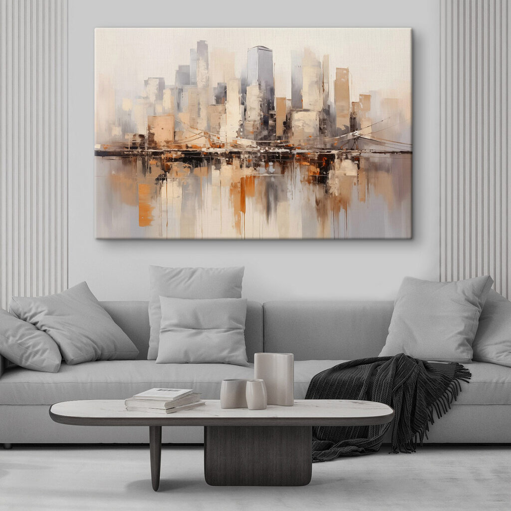 Painting of a city with a bridge over water Painting of a city with a bridge over water
