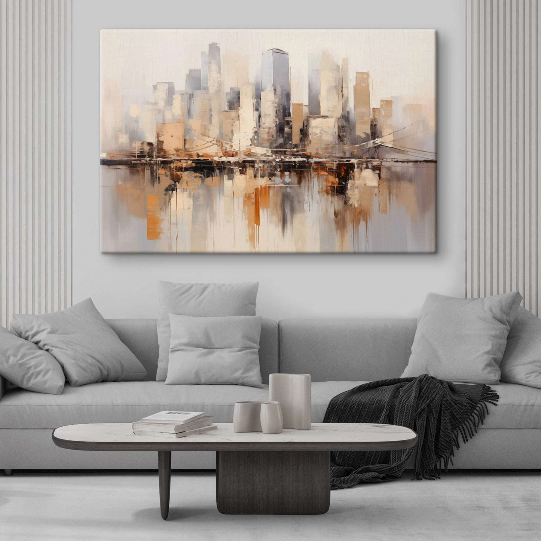 Painting of a city with a bridge over water Painting of a city with a bridge over water