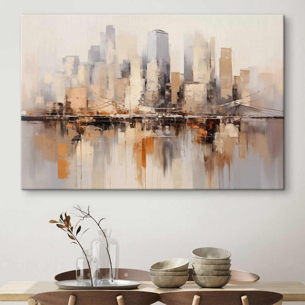Painting of a city with a bridge over water Painting of a city with a bridge over water