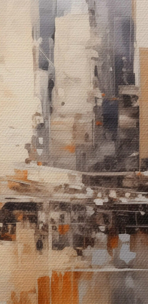 Painting of a city with a bridge over water Painting of a city with a bridge over water