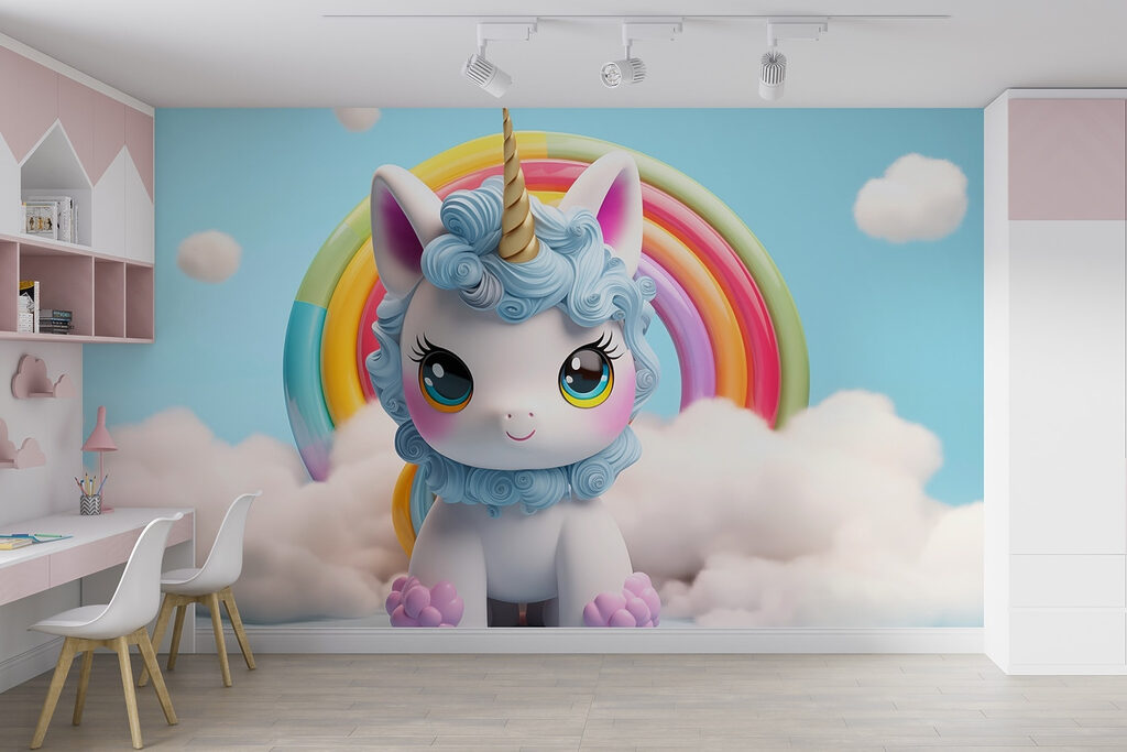 Toy unicorn with a rainbow in the background Toy unicorn with a rainbow in the background