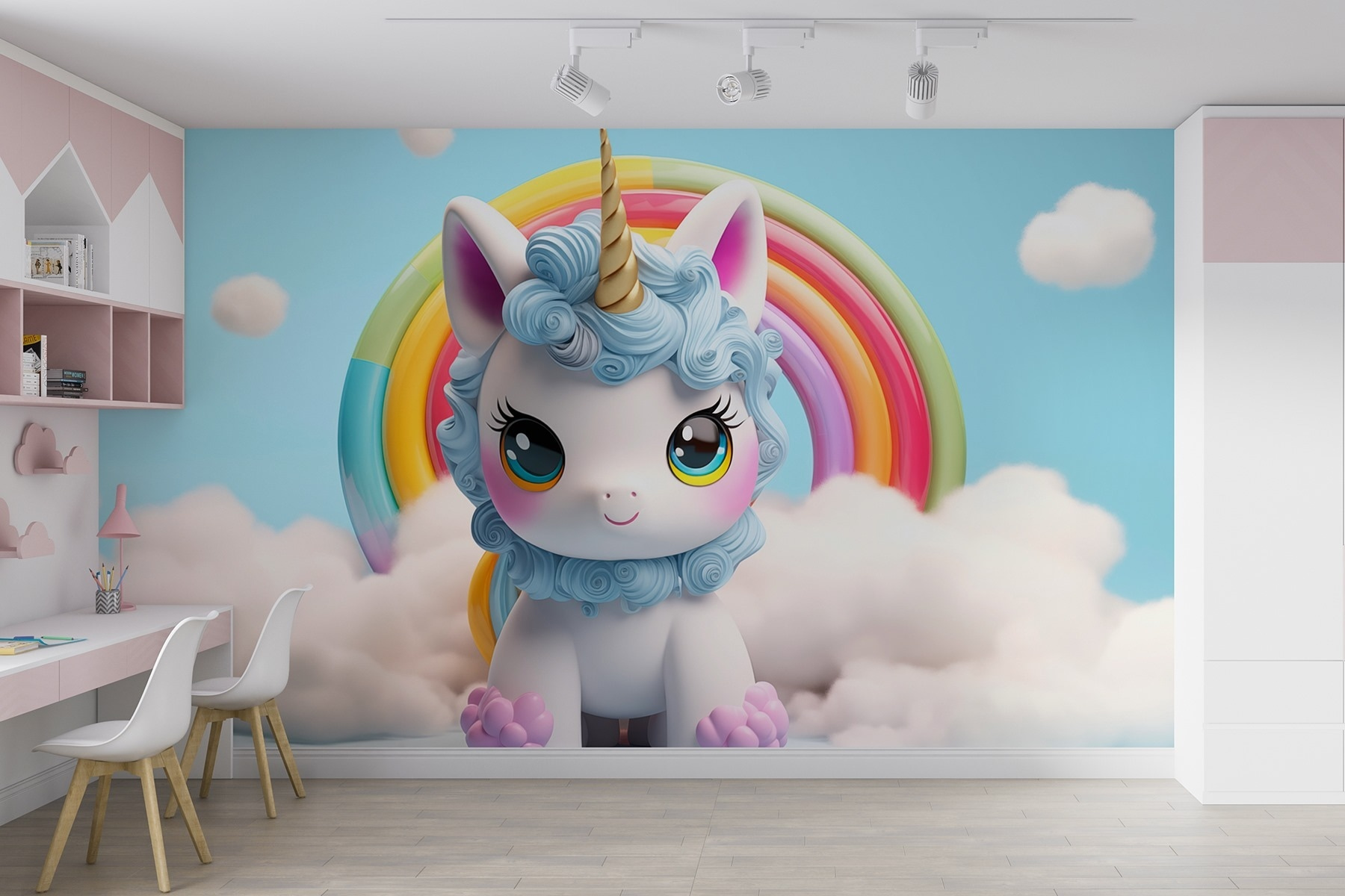 Toy unicorn with a rainbow in the background Toy unicorn with a rainbow in the background