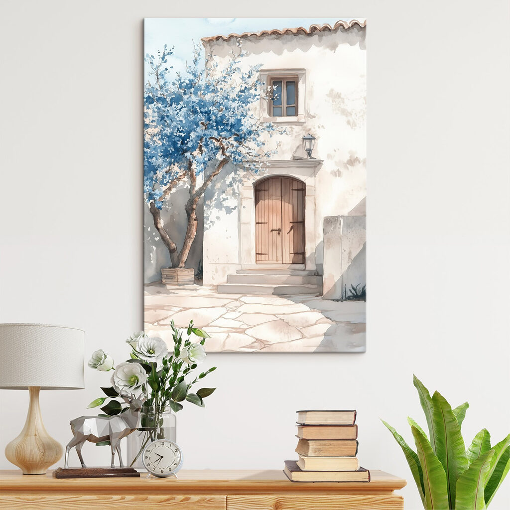 Watercolor painting of a house with a tree and a door