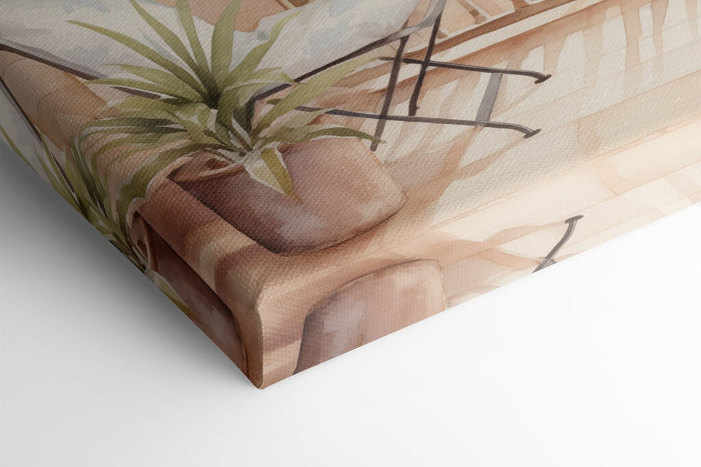 Watercolor painting of a balcony with a view of a city