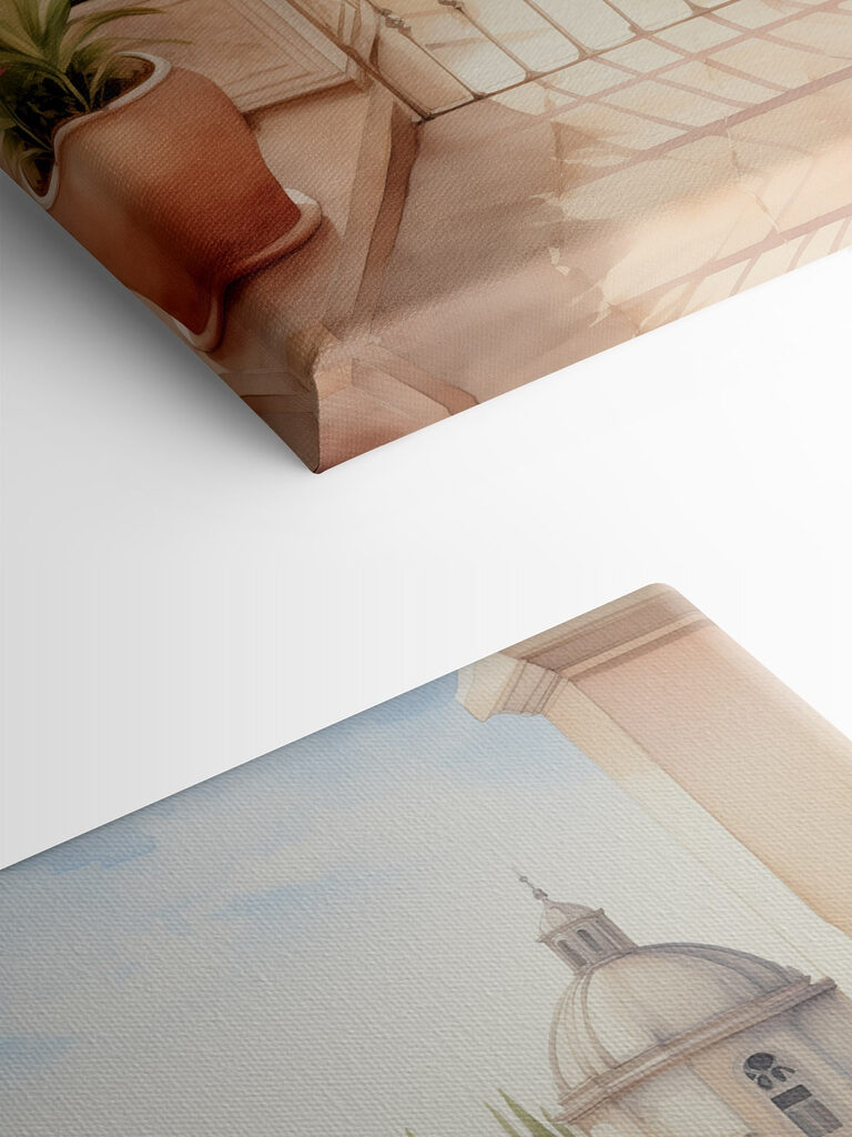 Watercolor painting of a balcony with a view of a town