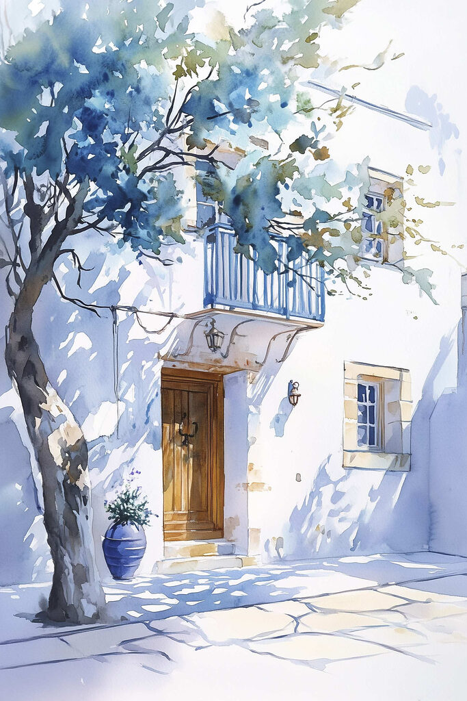 Watercolor of a building with a tree and a balcony