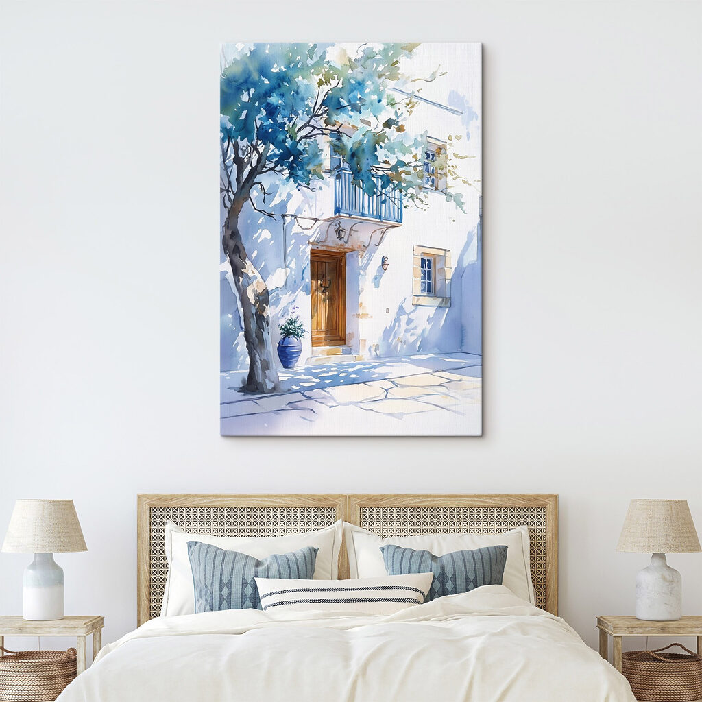 Watercolor of a building with a tree and a balcony