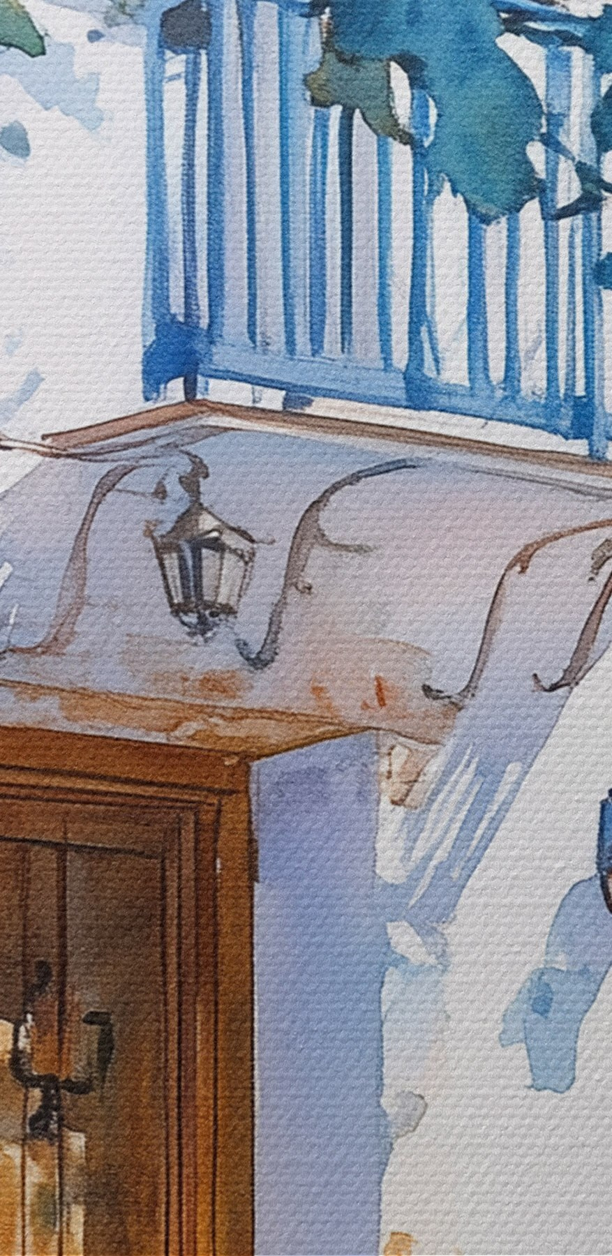 Akvarel budovy se stromem a balkonem