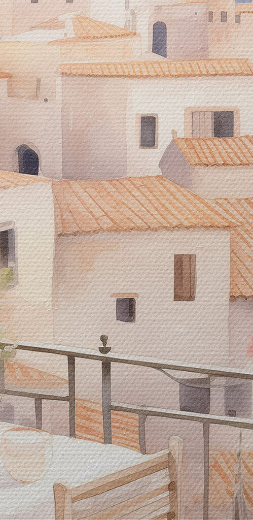 Watercolor painting of a table and chairs on a balcony overlooking a city