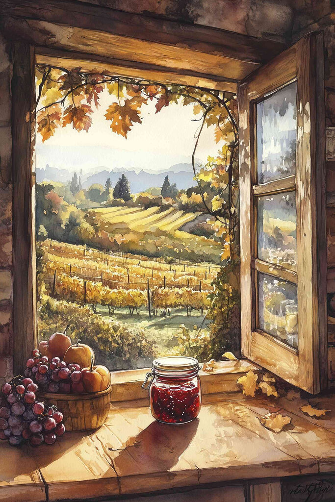 Window with a view of a vineyard and a jar of jam