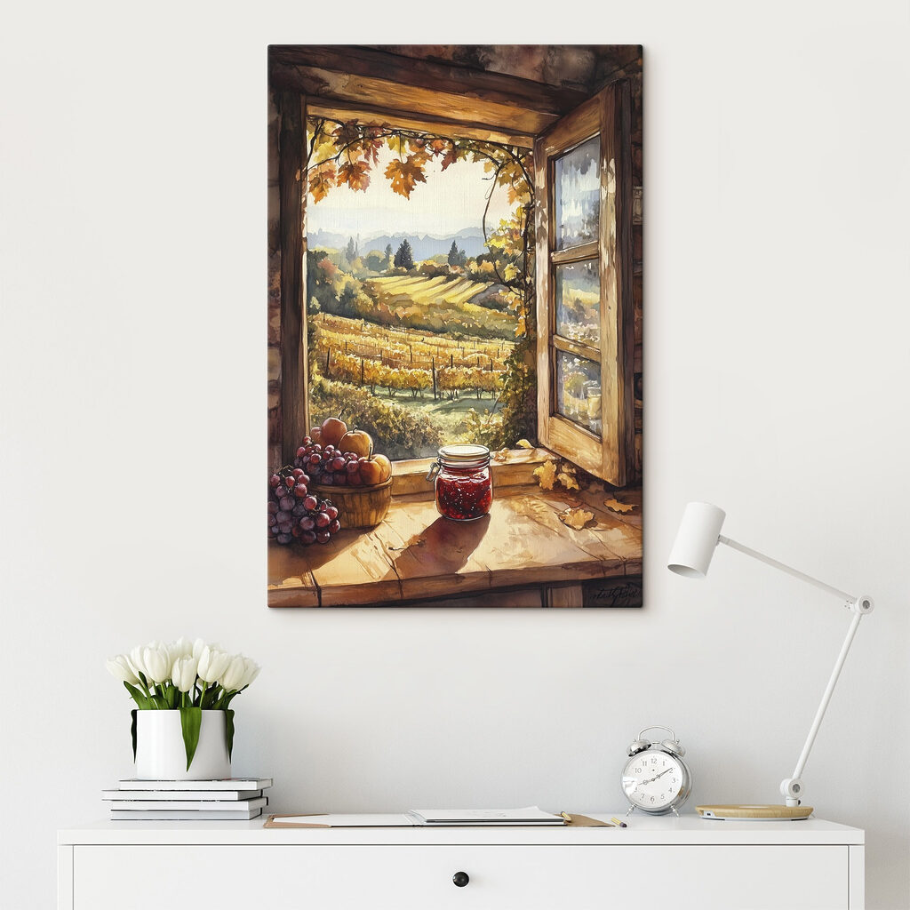 Window with a view of a vineyard and a jar of jam