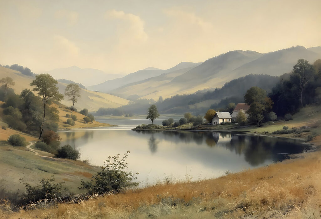 Jezero s domem a stromy Jezero s domem a stromy