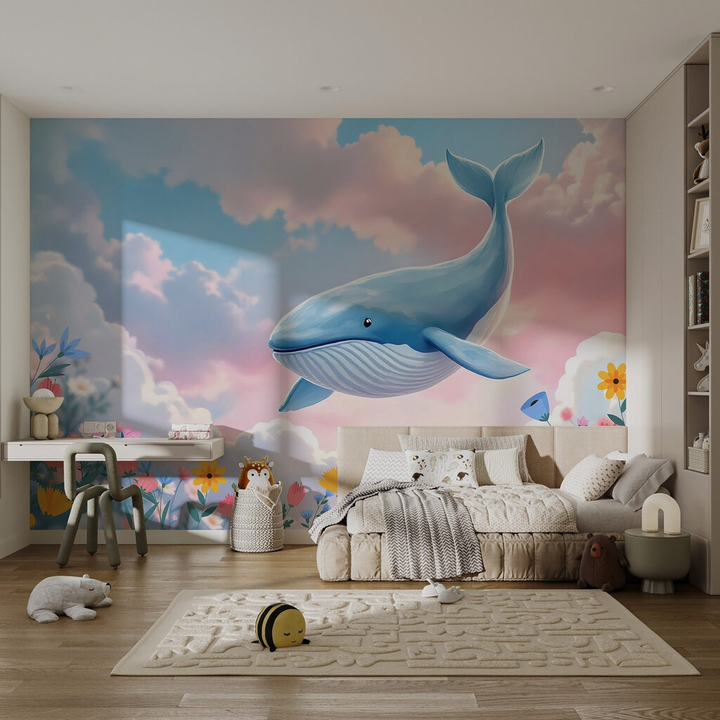 Whale flying over flowers