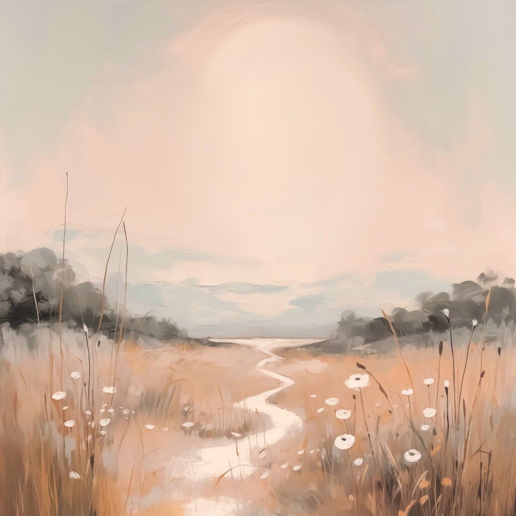 Painting of a river running through a field